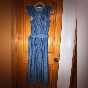 LOFT Blue Denim Ruffle Maxi Dress